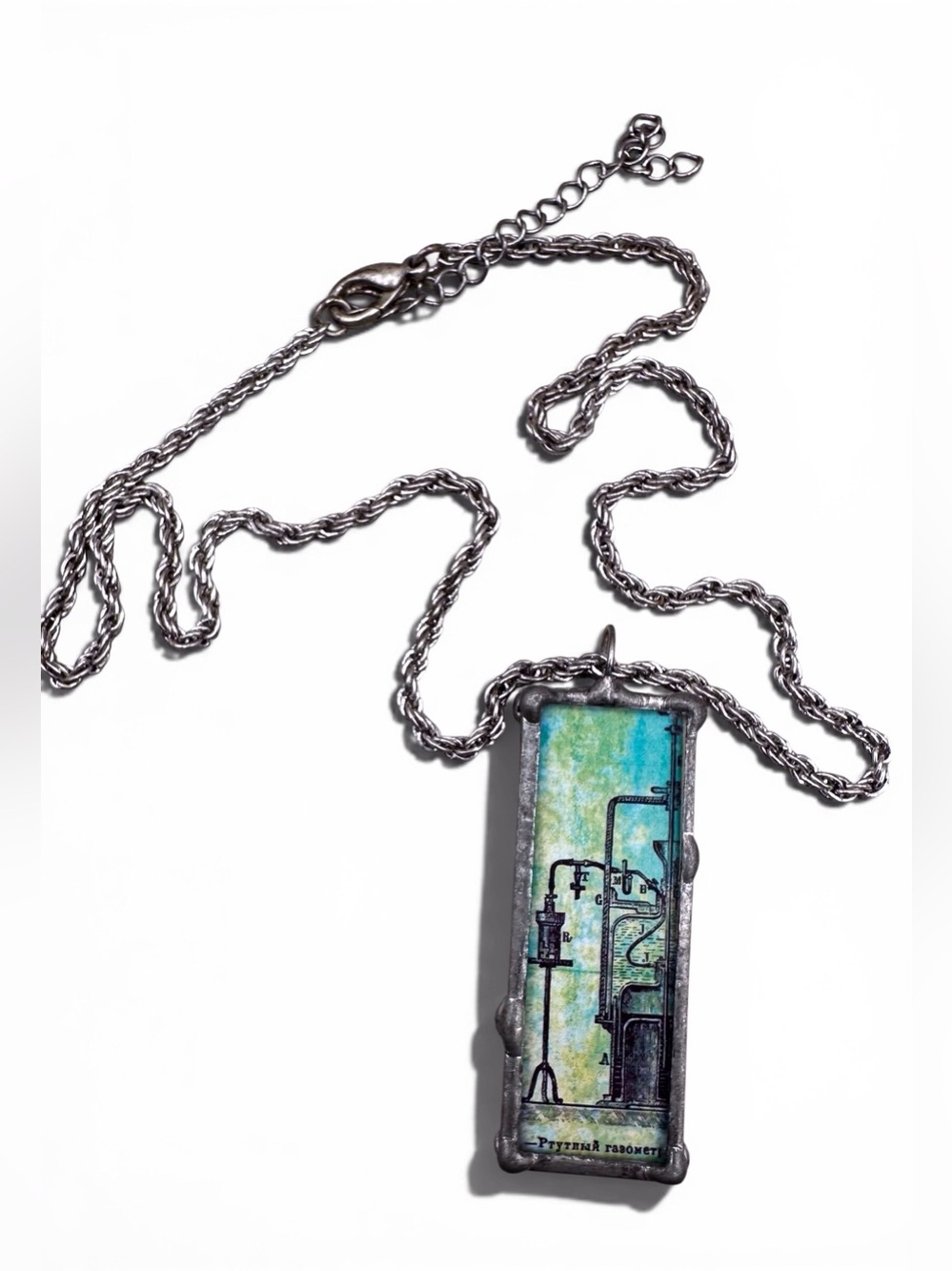 Rectangular Industrial Art Pendant Necklace in Teal and Green